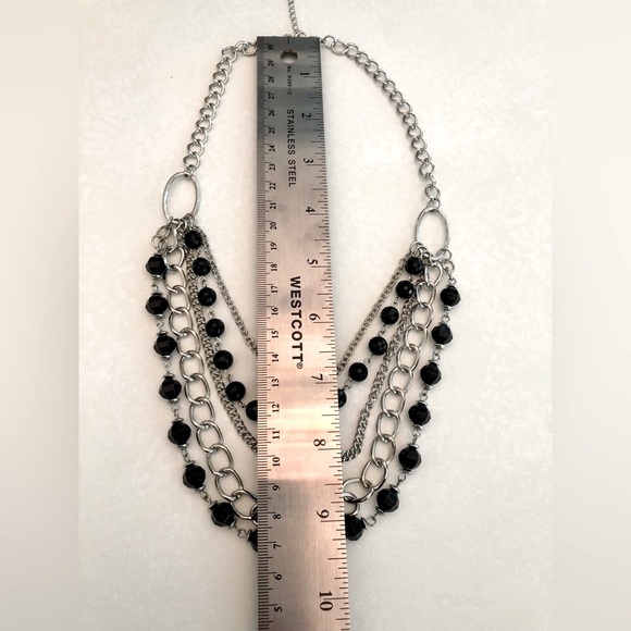 Multi Strand Silver Tone Chain and Black Bead Necklace - Picture 2 of 8